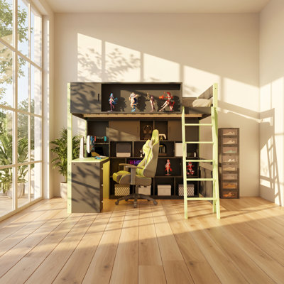Gaming Hub 76.5" W x 78" D x 69.9" H Full Size Solid Wood Loft Bed with Desk and 3 Drawers