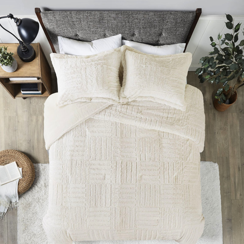 Édredon simple en fausse fourrure - damier, rembourré, facile à laver, 2 taies décoratives incluses, lavable à la machine et sécher avec