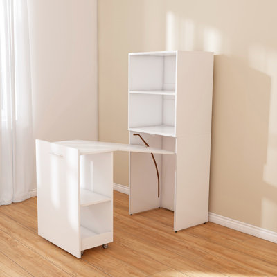 3-in-1 Extendable Desk with Storage, Rolling Wheels & White Top for Small Spaces