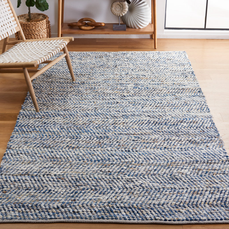Tapis bleu / ivoire en laine et coton tissé à plat à la main Treece, Rectangle 6 pi x 9 pi
