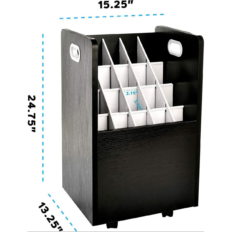 Black Mobile Wood Roll File Cabinet with 20 Slots