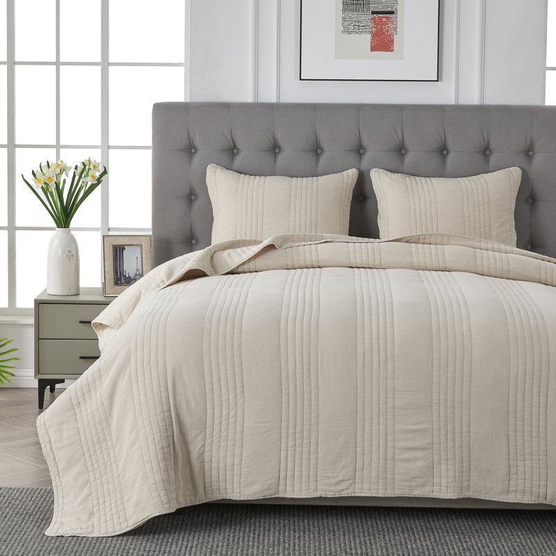 Kosovo Grimshaw 100% Cotton Quilt Set, Queen Quilt + 2 Standard Shams, Light Khaki