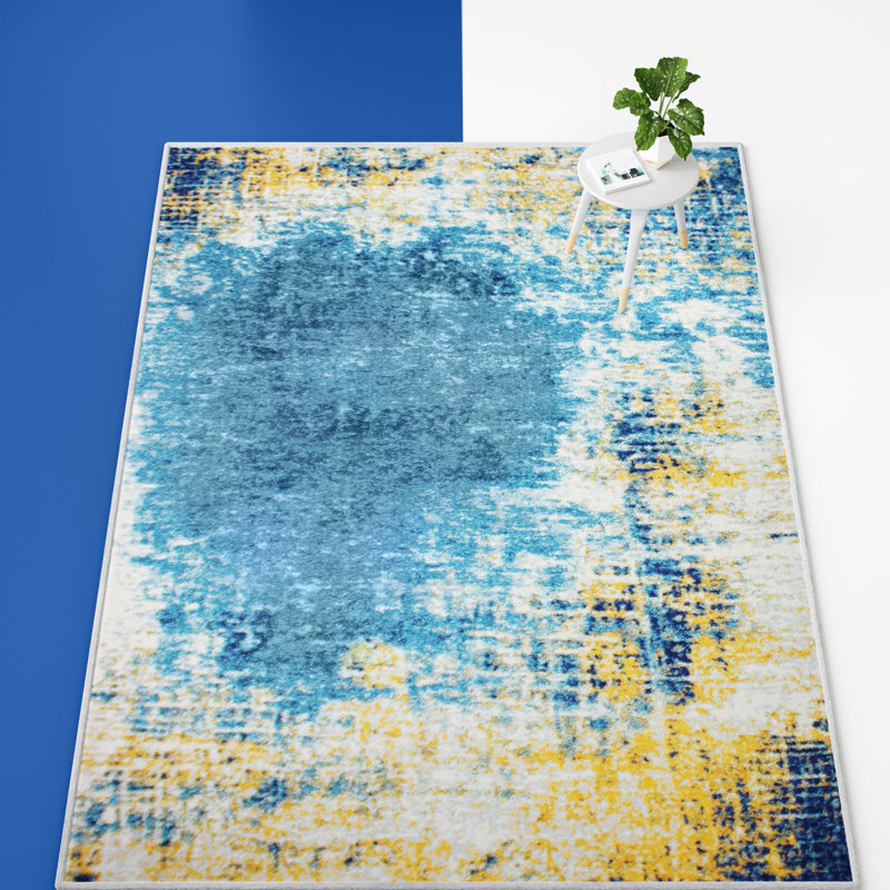 Tapis bleu et jaune à motif abstrait Coughlin, Rectangle 3 pi 6 po x 5 pi 6 po