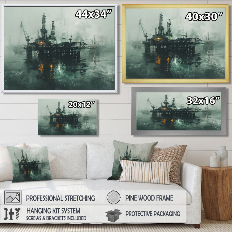 Décoration murale gris et vert Winter Drilling Dynamics Oil Rig II - Oil Rigs / Fields, H 16 po x l 32 po x P 1 po