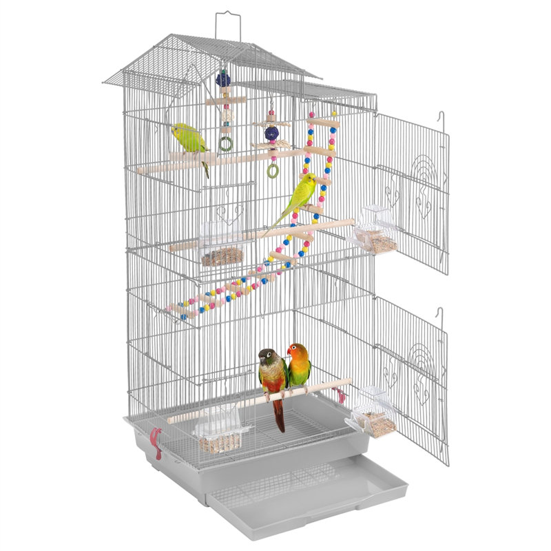 Iron Pointed Top Floor Bird Cage with Perch, Grey