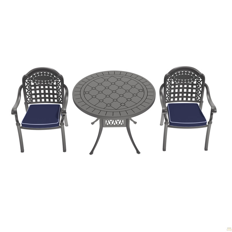 3-Piece Set Of Cast Aluminum Patio Furniture With Blue Cushions