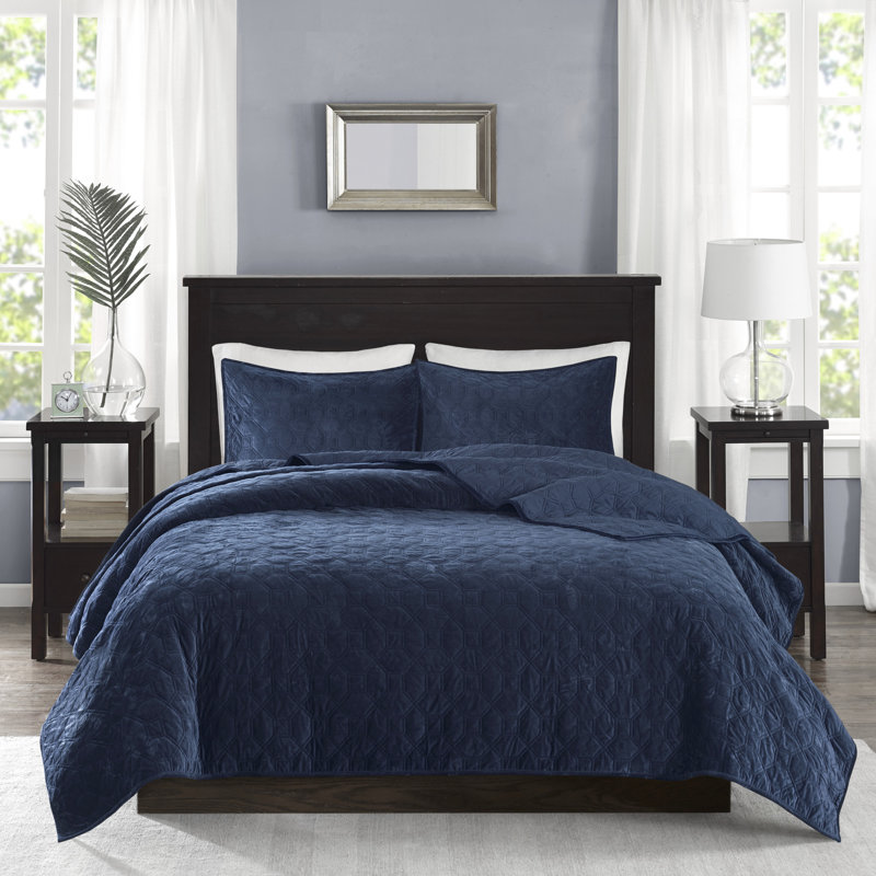 Couette en velours bleu marine - Grand lit/grand lit avec rembourrage en coton, 3 pièces, extra chaude et douce au toucher