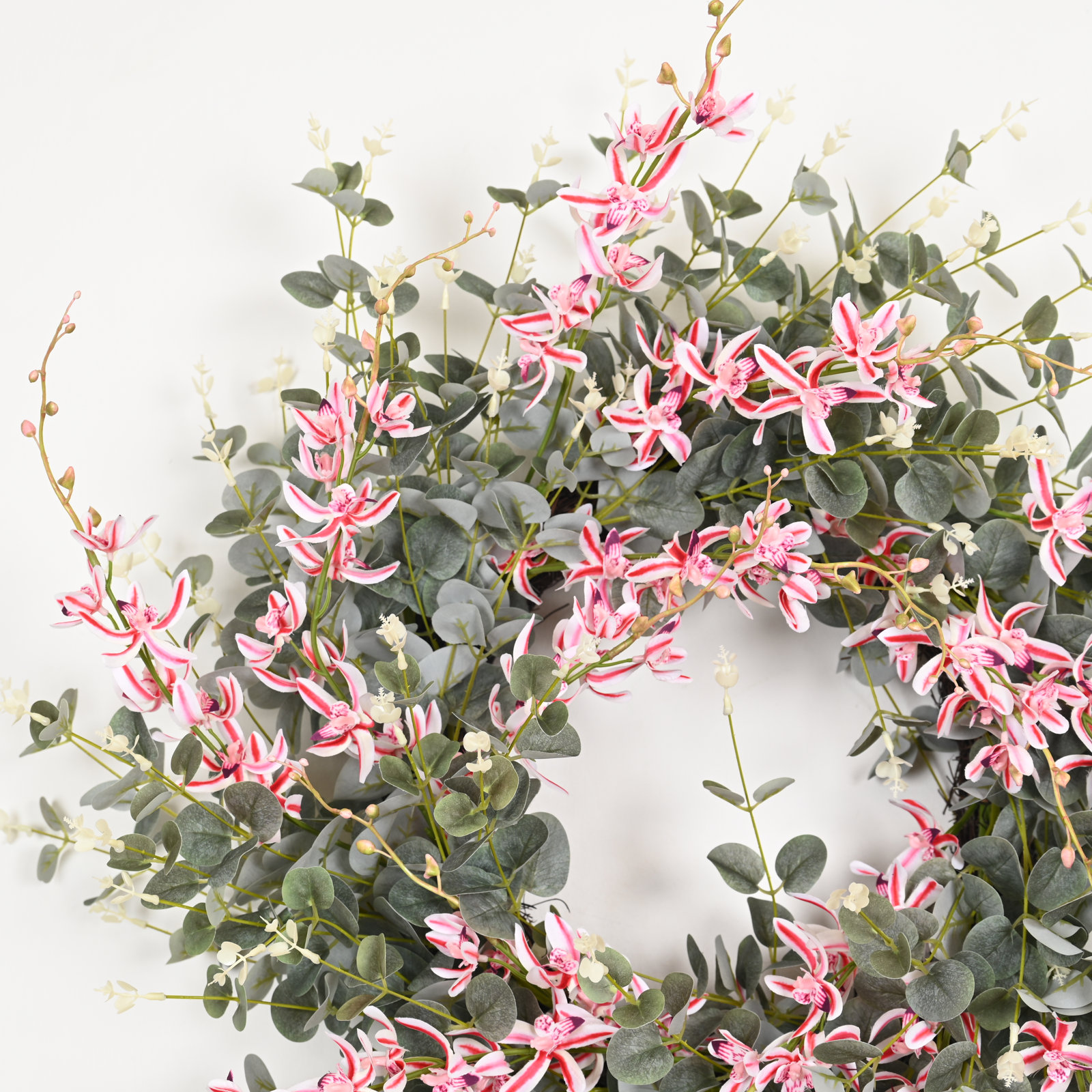 28" Artificial Farmhouse Spring Summer Blossom Cluster Greenery Eucalyptus Star Flower Front Door Wreath, Pink