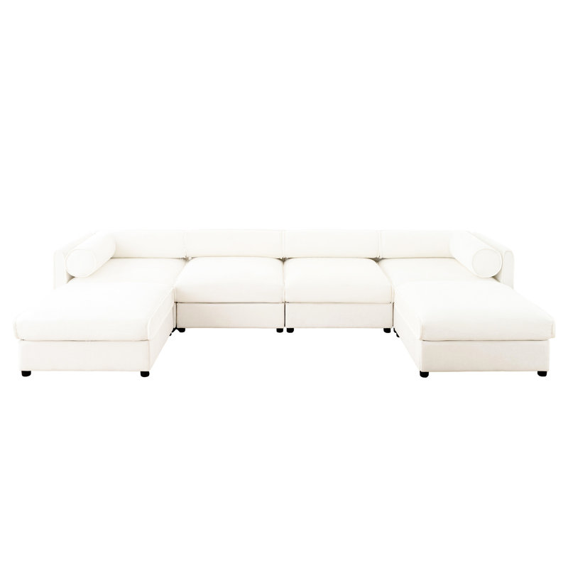 Canapé modulaire avec rangement en blanc - tissu chenille, assise profonde, cylindrique pour une expérience paisible salon modulaire chenille encastré, convertible modulaire, soutien