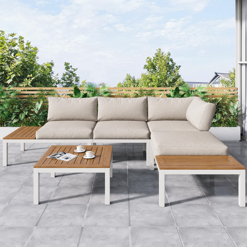 Outdoor Edgecomb Powder Coated Steel 4 - Person Seating Group with Cushions, Beige, White/Brown