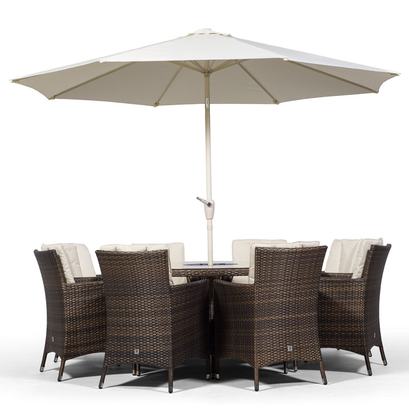 Karcher 8 - Person Patio Dining Set Umbrella Hole Included Round Table with Cushions Included, Brown