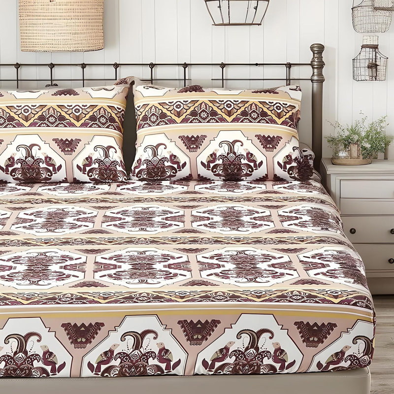 Oriental Kilim Microfiber Geometric Fitted Sheet, Twin Fitted Sheet with 1 Pillowcase