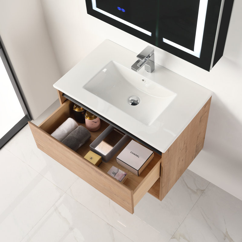Meuble-lavabo flottant 30 po avec lavabo mural Khaleia, Blanc, Marron clair