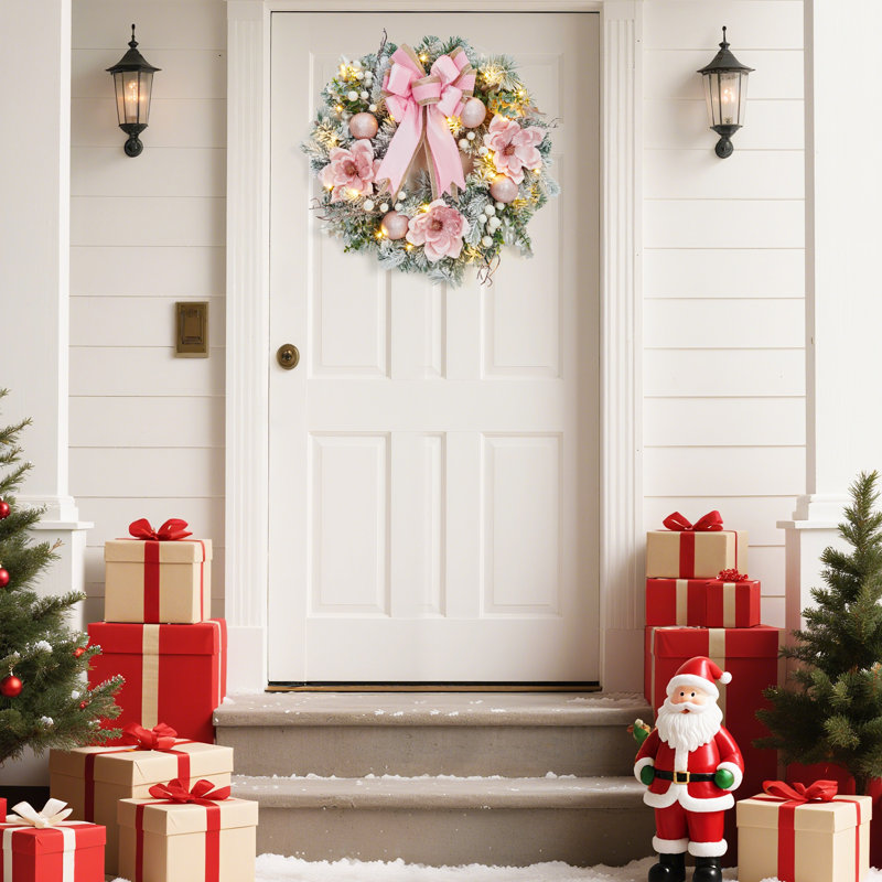 Couronne de Noël 24 pouces avec 20 lumières DEL à piles, ornements de fleurs et de boules, décoration de Noël pour porte d'entrée, foyer et fenêtre