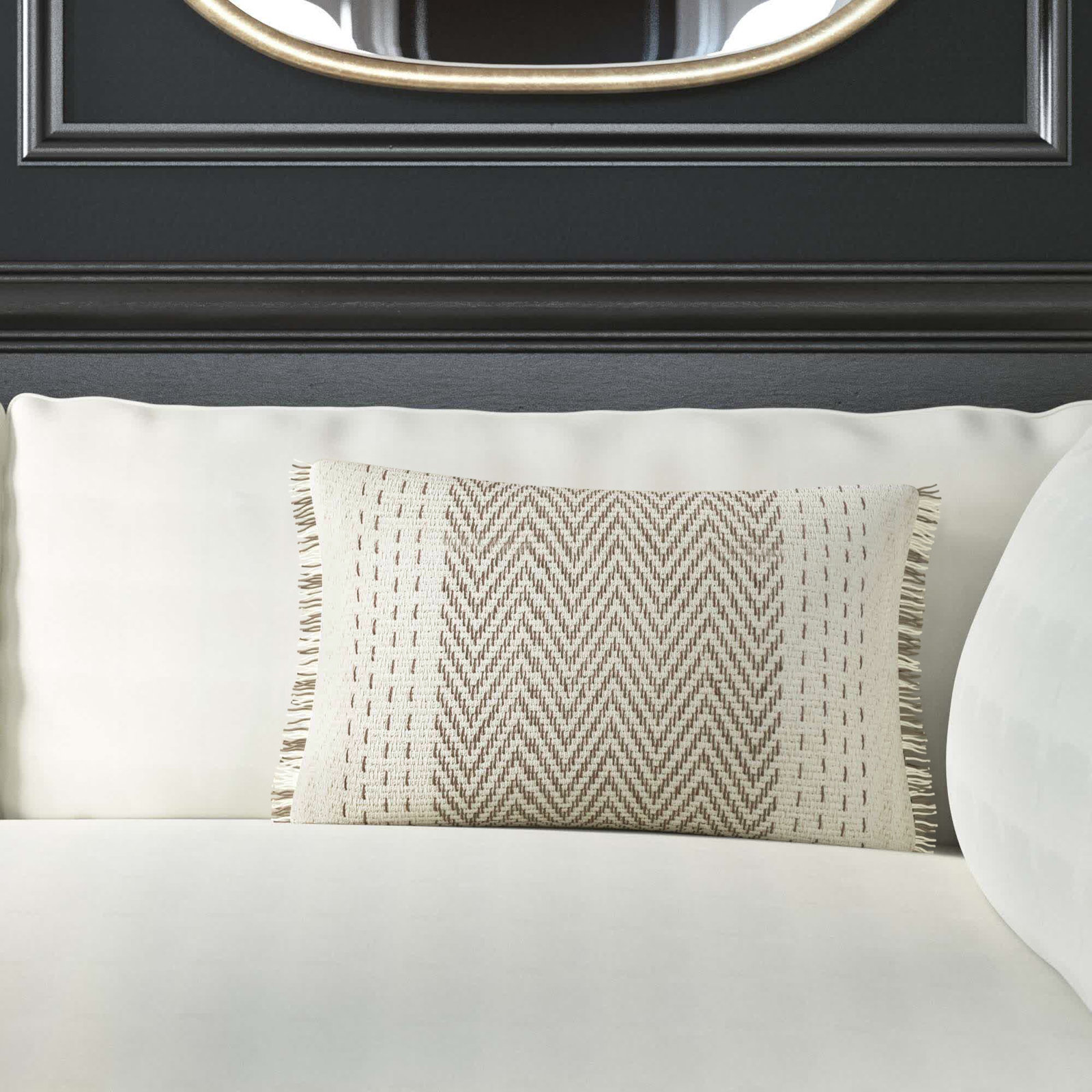 Carey Fringed Cotton Lumbar Throw Pillow, Feathers, Gray/Ivory
