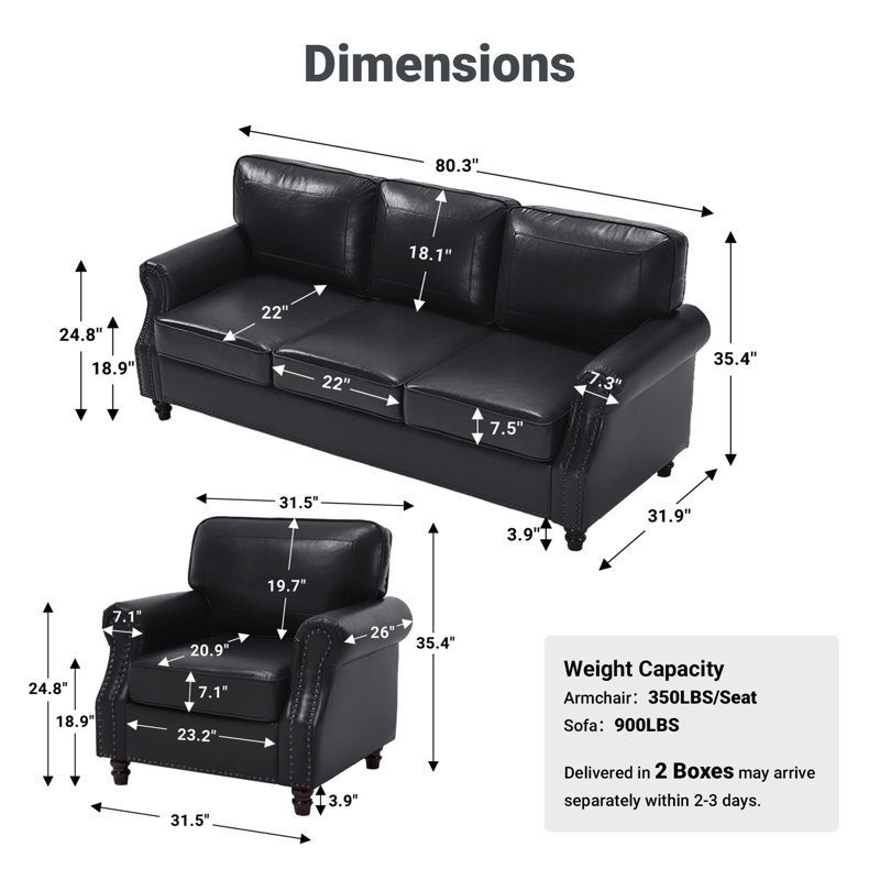 Canapé 2 pièces avec fauteuil Glenloft, 2 pièces: chaise, canapé, Noir