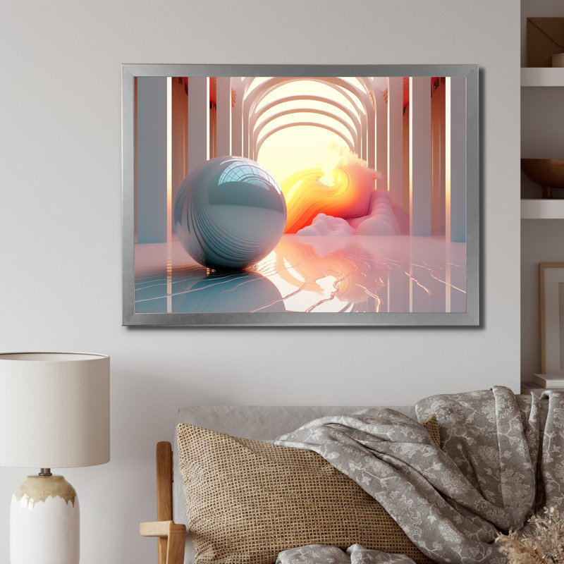 «Futuristic Sphere In Minimal Pink Architecture» sur impression sur toile, H 12 po x l 20 po x P 1 po, Cadre simple argenté