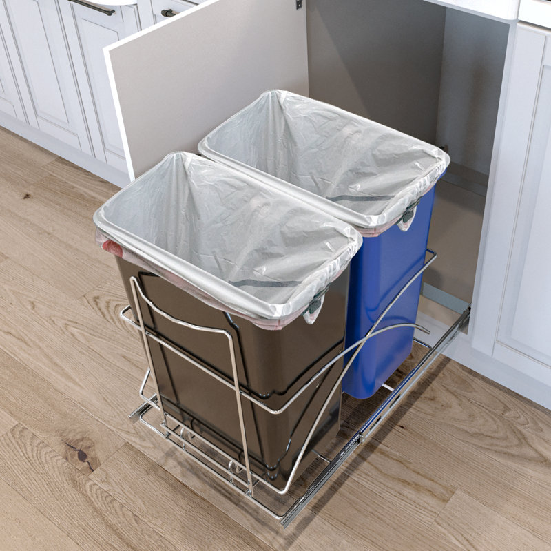 Dual Compartment Black and Blue Plastic Pull-Out Kitchen Trash Can