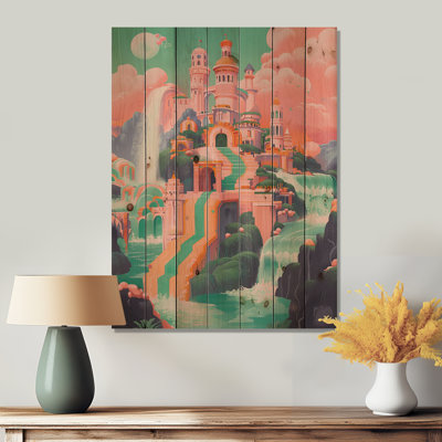 Magic Castle In Pink Rainbow - Castles Wood Wall Decor - On Natural Pine Wood