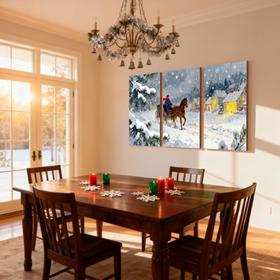 Scène de Noël en hiver, calèche enneigée, arbres de village, ensemble de 3 impressions sur toile