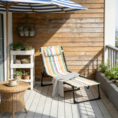 Chaise longue pliante avec dossier inclinable à 4 positions, coussin, siège respirant en filet et élastiques, rayures arc-en-ciel