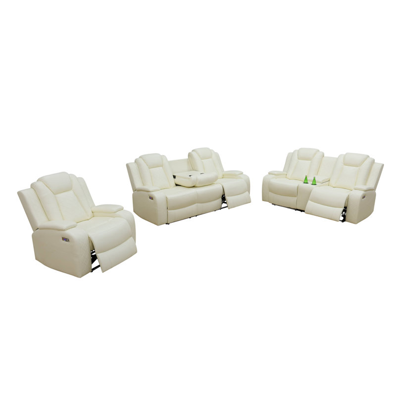  Canapé modulaire inclinable électrique 7 places avec DEL, ensemble de salon en cuir, brun, Crème / blanc