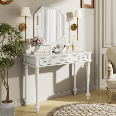 Bureau de maquillage rétro avec grand miroir, coiffeuse à 3 tiroirs pour le rangement des bijoux, console élégante pour la chambre à coucher, le salon, le couloir et le vestibule