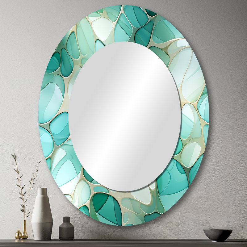 Motif de bord de mer émeraude mosaïque Rumaanah - abstrait abstrait mural, miroir vert, H 43 po x l 33 po, Oval