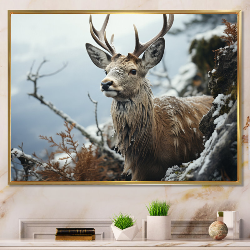 «Winter Deer», photographie monochrome II sur toile, H 12 po x l 20 po x P 1 po, Cadre flottant doré