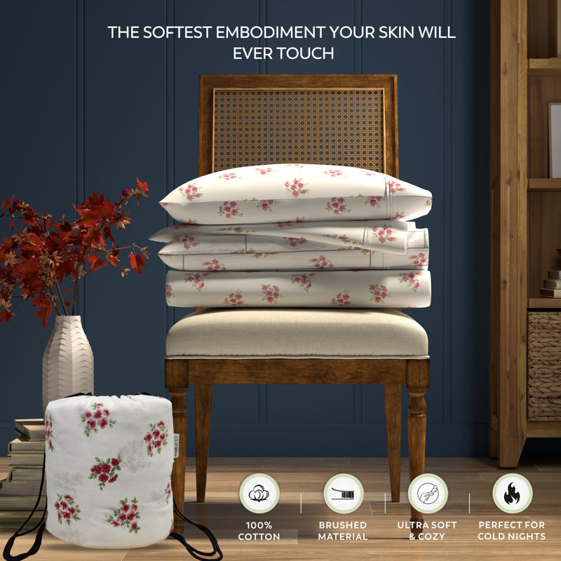 King Pink Floral Cotton Flannel Sheet Set