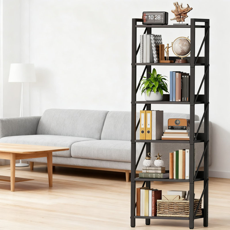 6-Tier Industrial Bookshelf With Metal Frame, Tall Bookcase Storage Organizer For Living Room, Bedroom, Home Office, And Kitchen