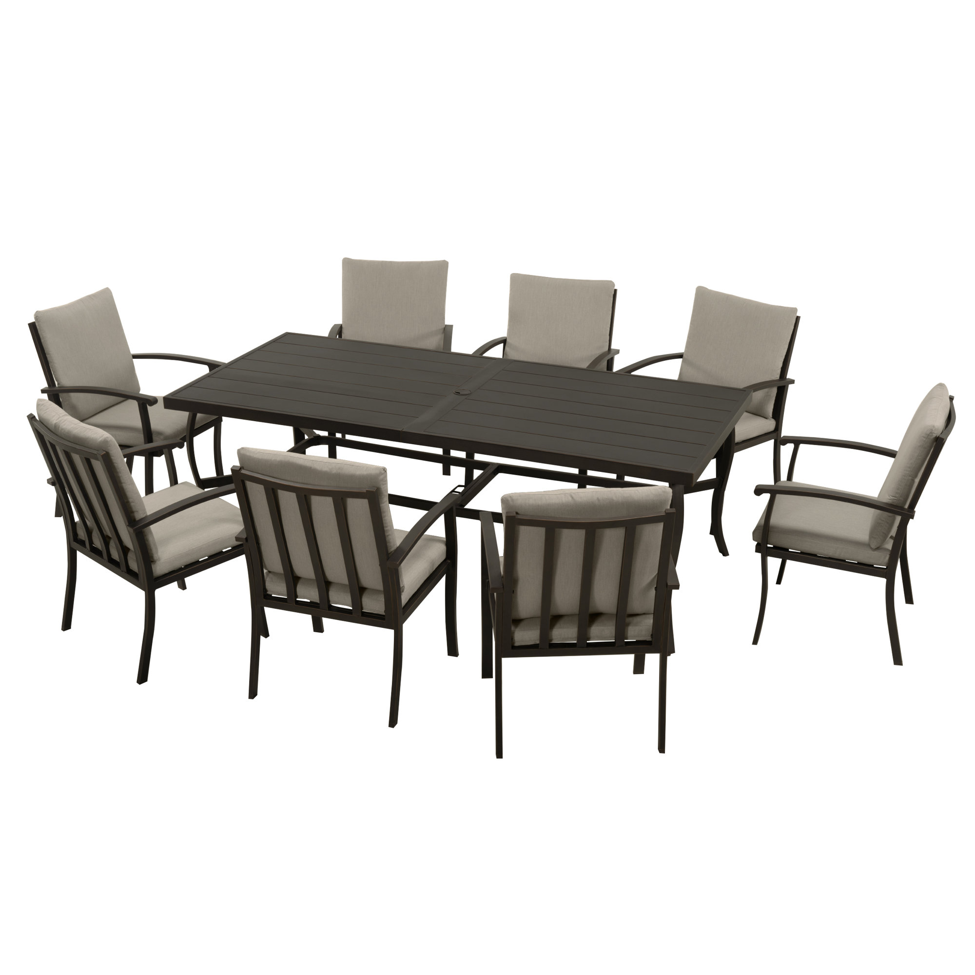 Willesden Rectangular Aluminum Dining Set with Cushions, Dark Brown, 8