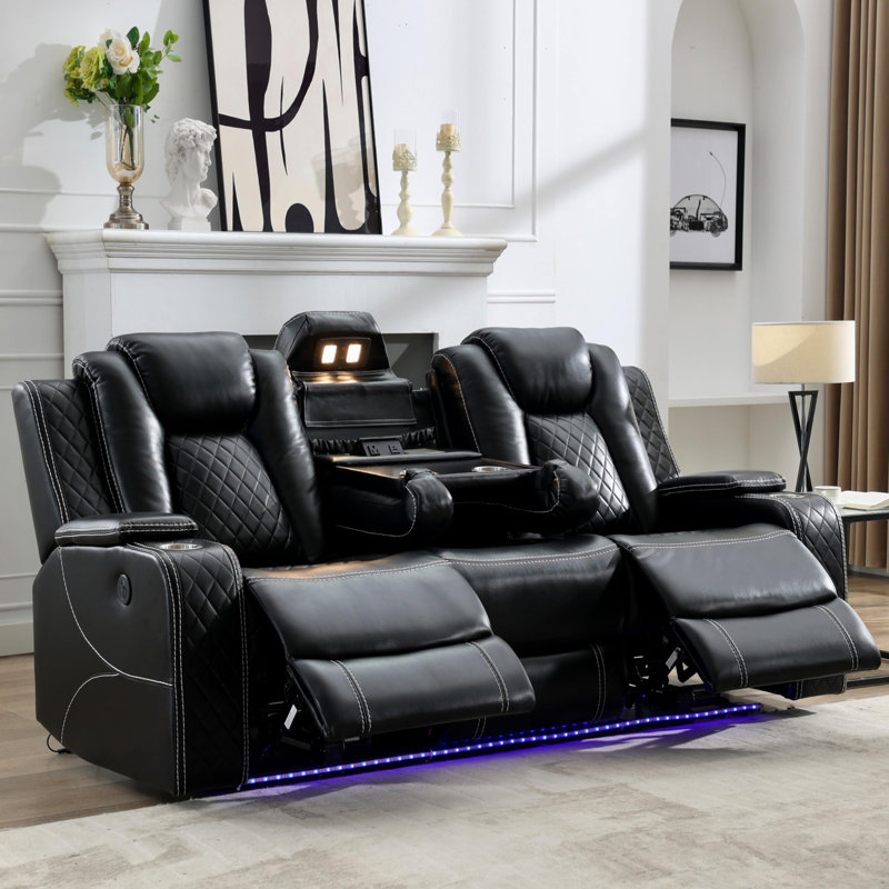 81.5'' Power Reclining Sofa Couch with Wireless Charger and LED Lights, Black