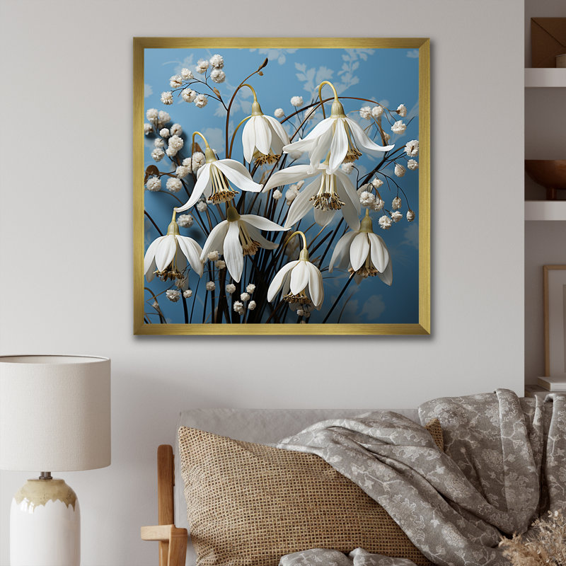 Minimalisme bleu et blanc «Snowdrops Bloom IV», reproduction sur toile, Cadre doré simple, H 16 po x l 16 po x P 1 po