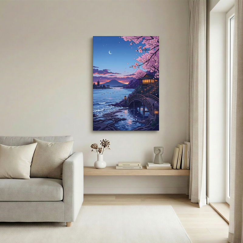 Art mural sur toile en forme de cerisier rose sur un pont en bois et une montagne, H 36 po x l 24 po