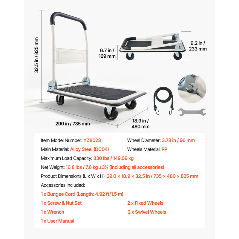 Chariot de manutention pliable, capacité de charge de 150 kg, dimensions : 74 x 48 x 83 cm, plateau pliable avec roues pivotantes, poignée de poussée compacte