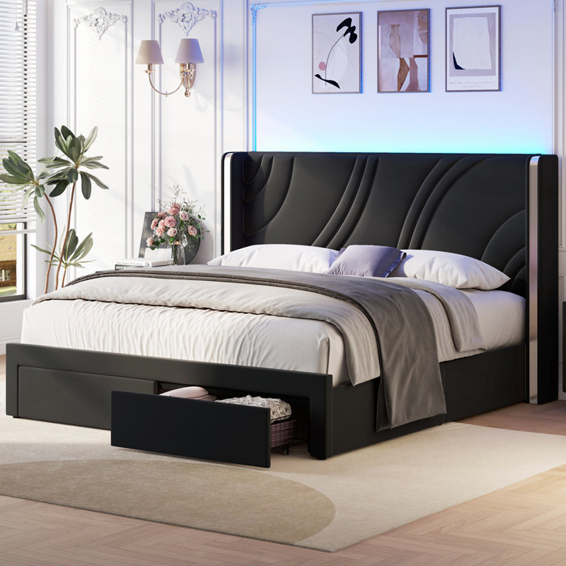 Modern LED Bed Frame with Velvet Finish Adjustable RGB Lighting and Ample Storage Drawers for Elegant Bedrooms