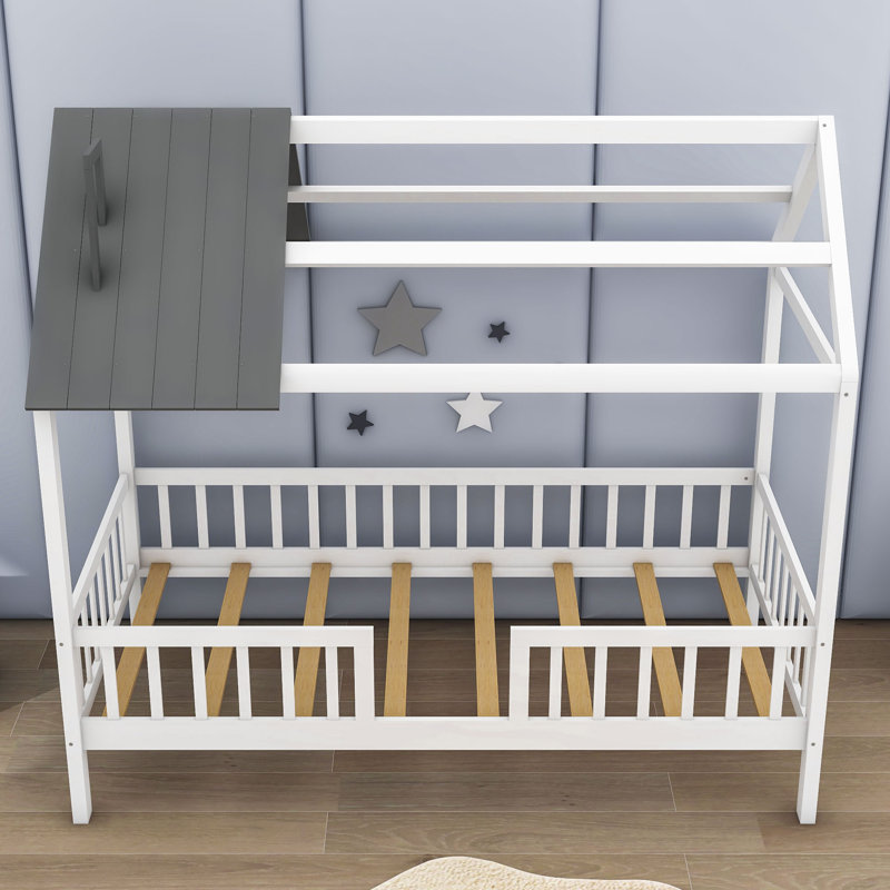 Lit simple en bois avec clôture Hadrien, Blanc / gris