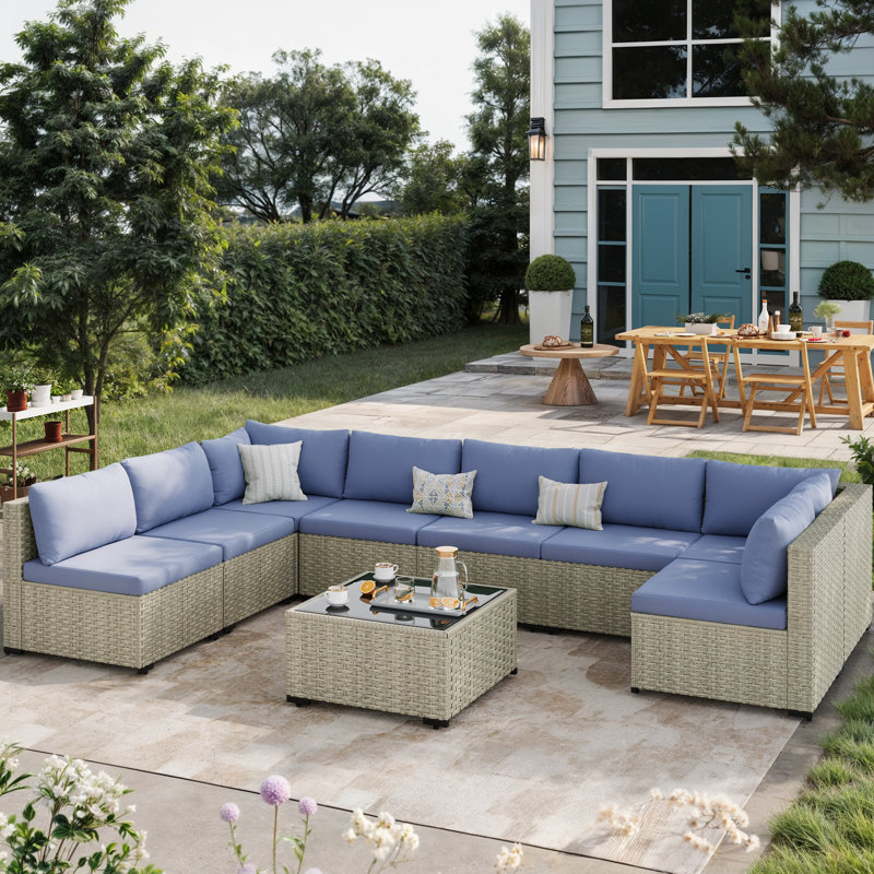 9 Pieces Design-Oriented Rattan Patio Conversation Sets With Cushions, Haze Blue
