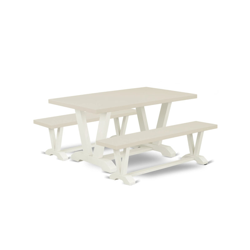 3 Pc Table Set - 1 Wood Dining Table and 2 Mid Century Modern Bench - Stable and Durable Construction - Linen White Table Top and Linen White 