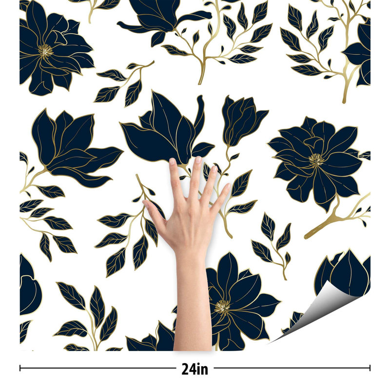 Carreau de papier peint Hidefumi, L 102 po x l 24 po, Beige / marine