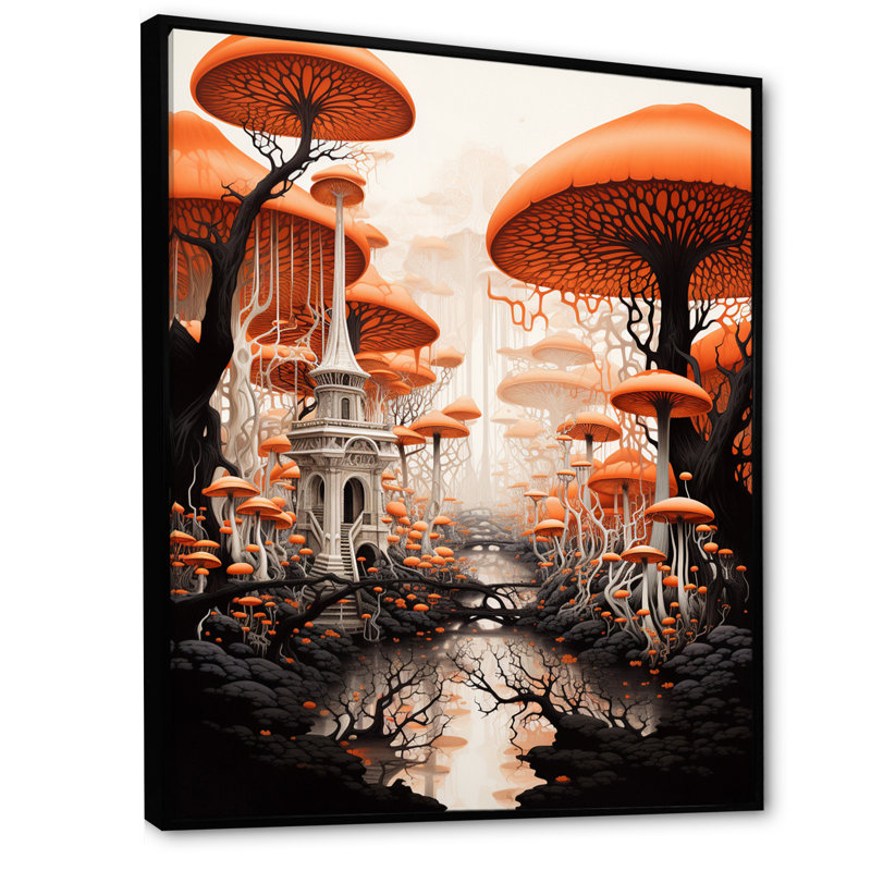 Magical Mushroom Vintage Landscape - impression, H 44 po x l 34 po x P 1,5 po, Cadre flottant noir