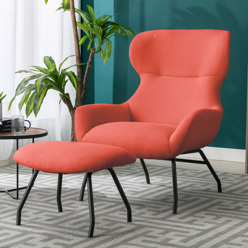 Cathalina Fabric Wingback Accent Chair with Ottoman, Orange Polyester Blend