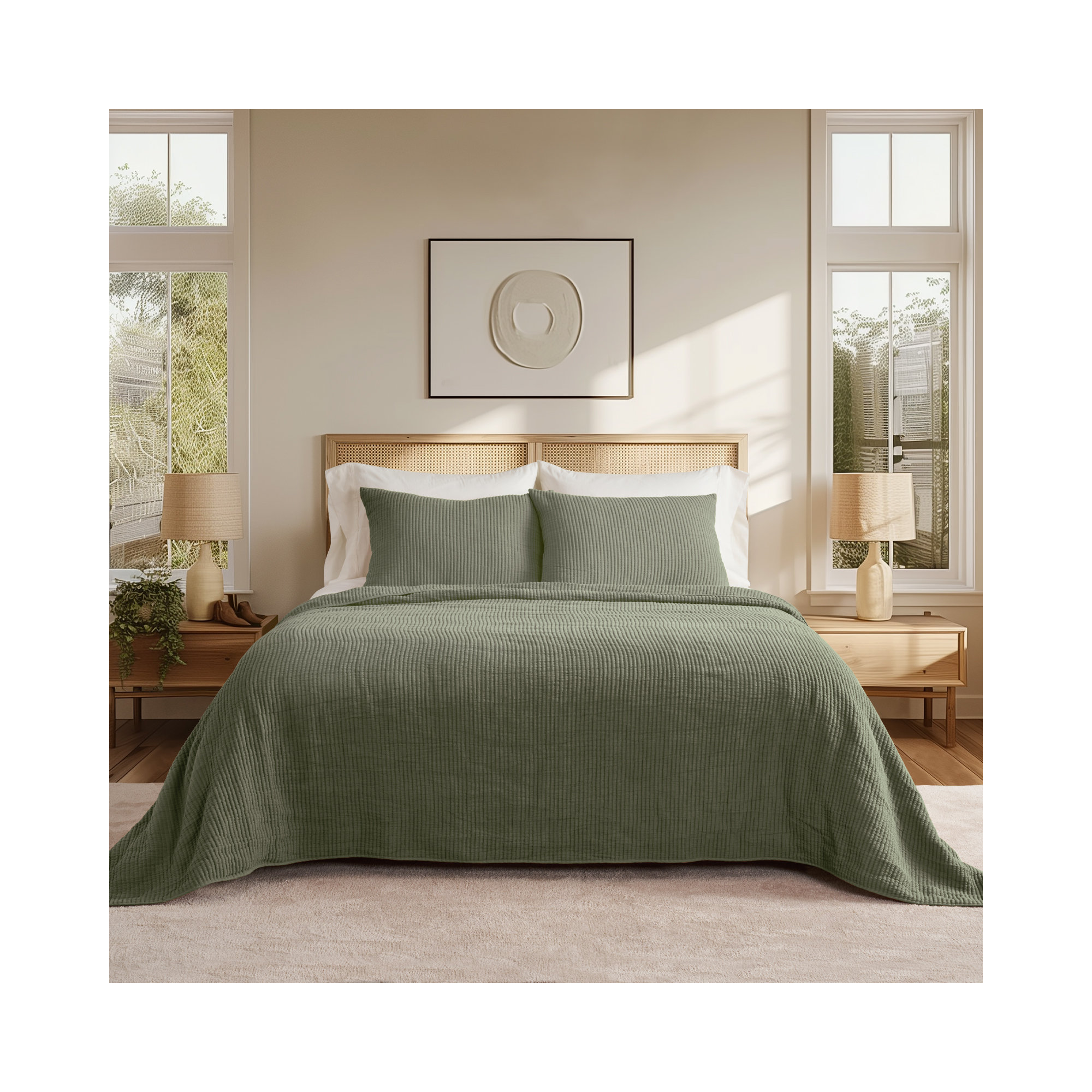 Ribbed Matelassé Cotton Coverlet Set, Olive Green, King Quilt + 2 King Shams