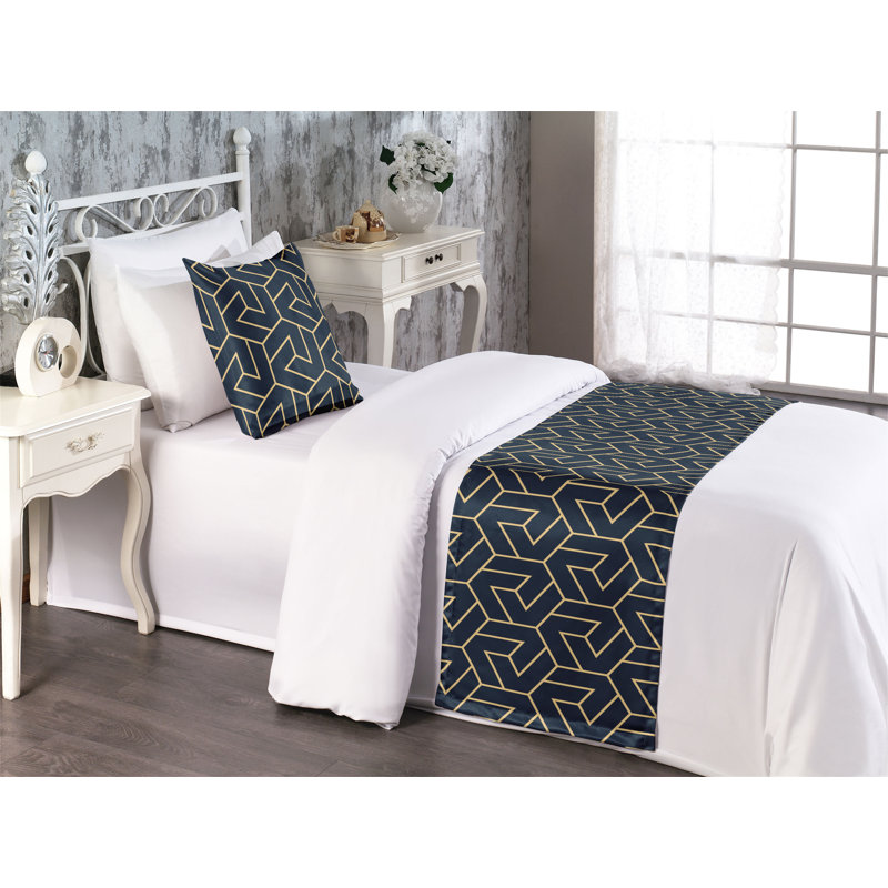 Ambesonne Geometric Bed Runner Set Square Pattern Stripes  Pale Yellow Charcoal Grey, Twin