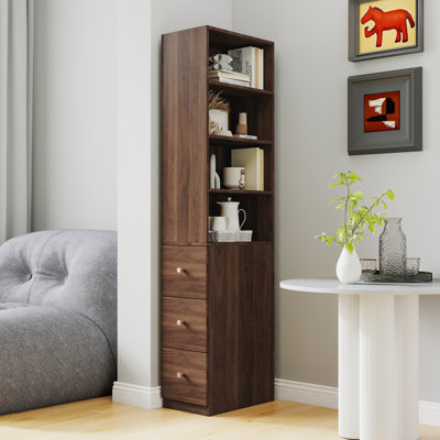 Armoire de rangement de 70,87 po de hauteur avec tablette à 4 niveaux, 3 tiroirs latéraux, armoire de rangement étroite, bibliothèque autoportante mince, armoire de plancher pour salle de bain, salon, vestibule, cuisine, noyer (l 11,81 po)