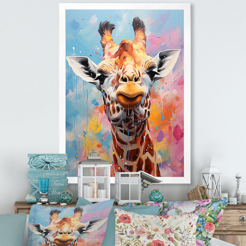 Popart Art, girafe multicolore Grace II sur toile, H 44 po x l 34 po x P 1,5 po, Cadre simple blanc