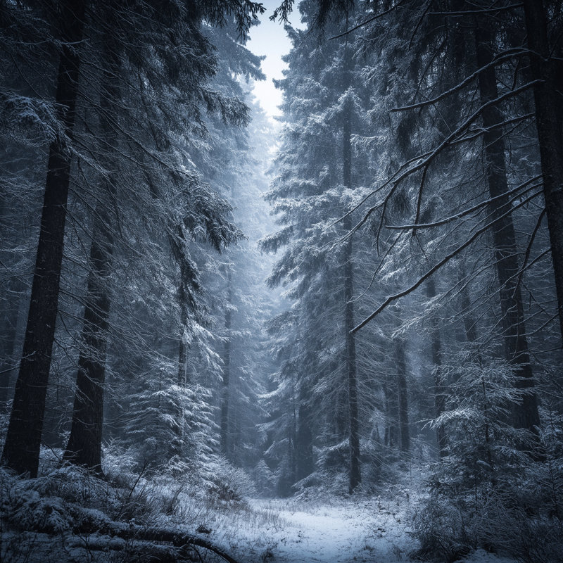Neige recouverte de pin, art mural sur toile tendue, 20 po x 20 po