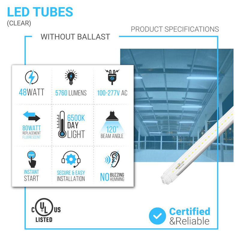 48 watts (équivalent de 80 watts), ampoule à DEL T8 non à intensité variable, base de lumière du jour, 6 500 K