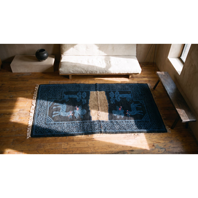 Allover Blue Chinese Wool Antique Hand Knotted Pile 1930s Rug